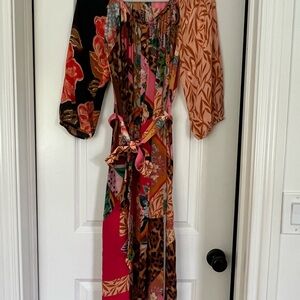Long-Sleeve Multi-Print Tie-Waist Maxi Dress in Pink and Tan